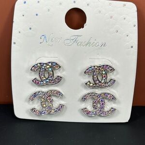Sparkling Silver & Iridescent Rhinestone Post Earrings